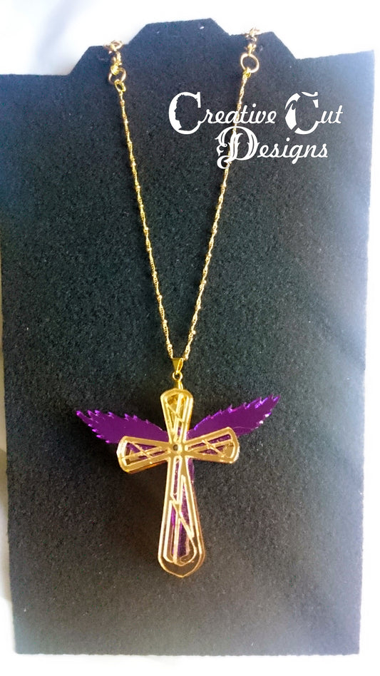 Gold and Purple Mirrored Angel Wing Cross