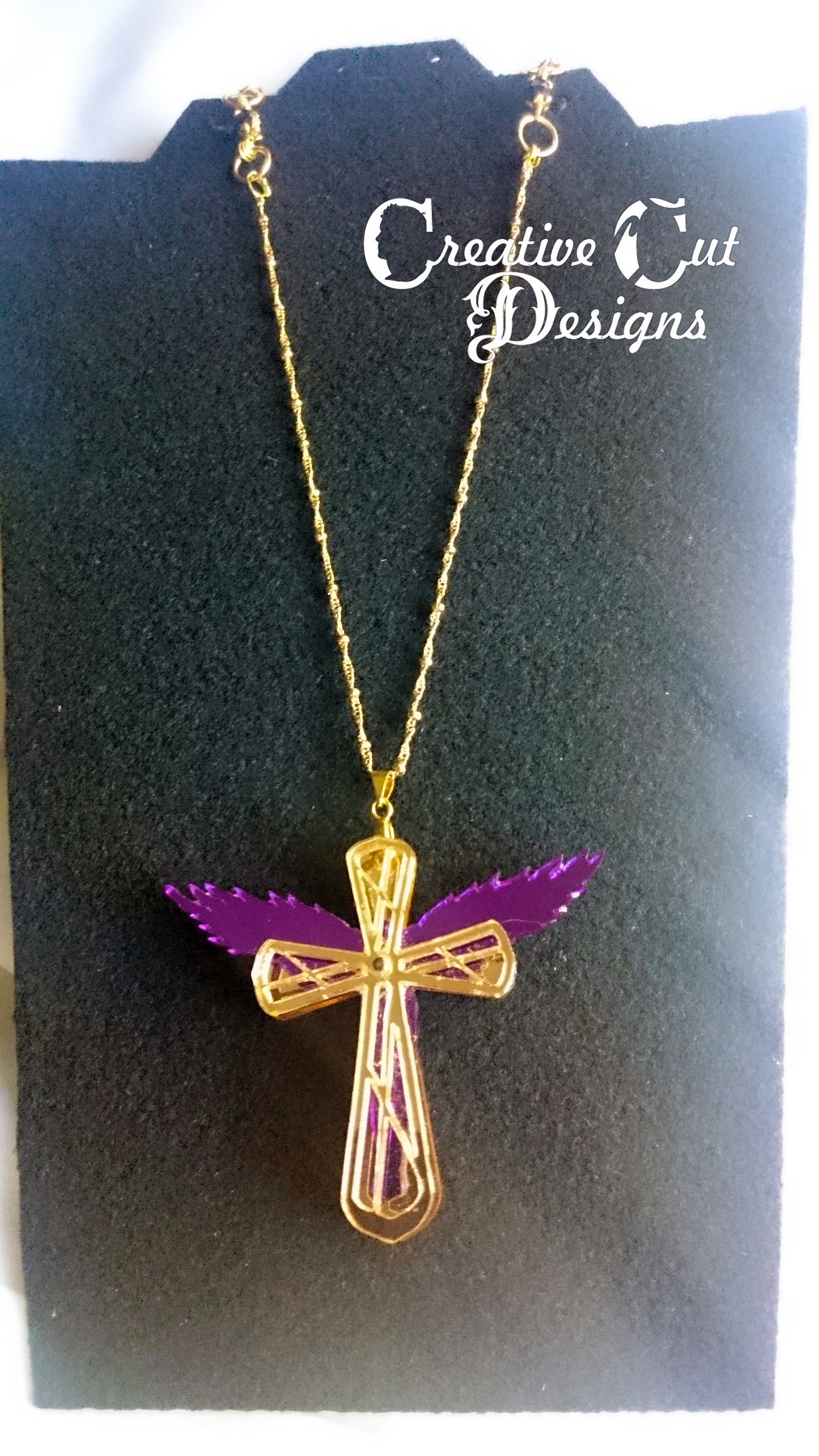 Gold and Purple Mirrored Angel Wing Cross