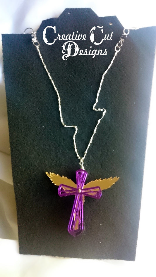 Purple & Gold Mirrored Angel Wing Cross